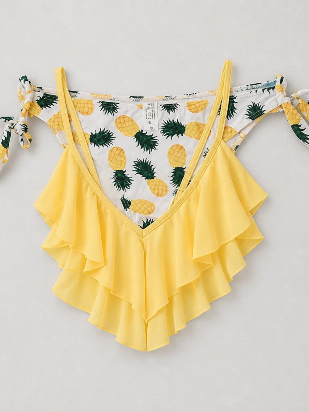 Tempt Me Pineapple Print Bikini Bottoms & Ruffled Yellow Top Sz Med NWT